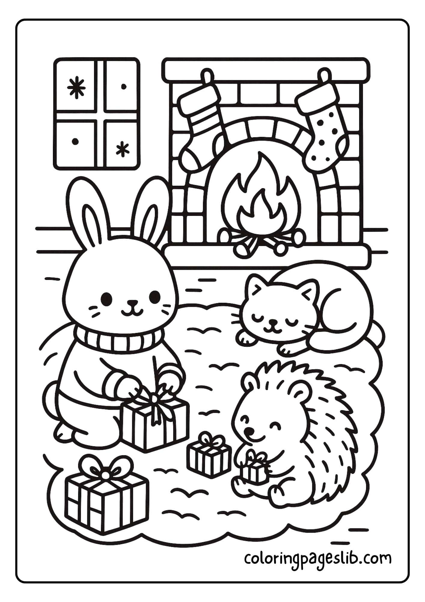 A bunny and hedgehog wrapping tiny gifts near a glowing fireplace
