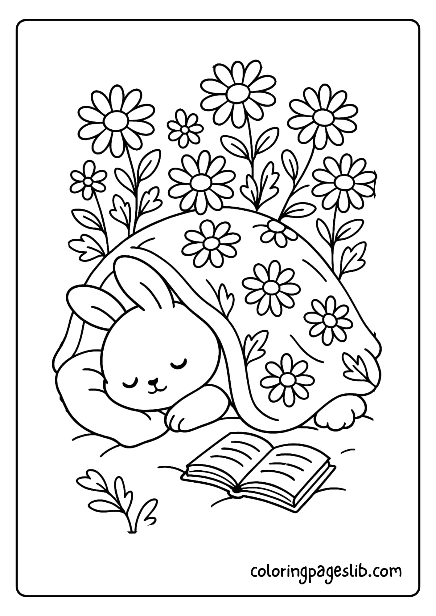 A bunny curled up under a blanket of daisies, asleep with a book