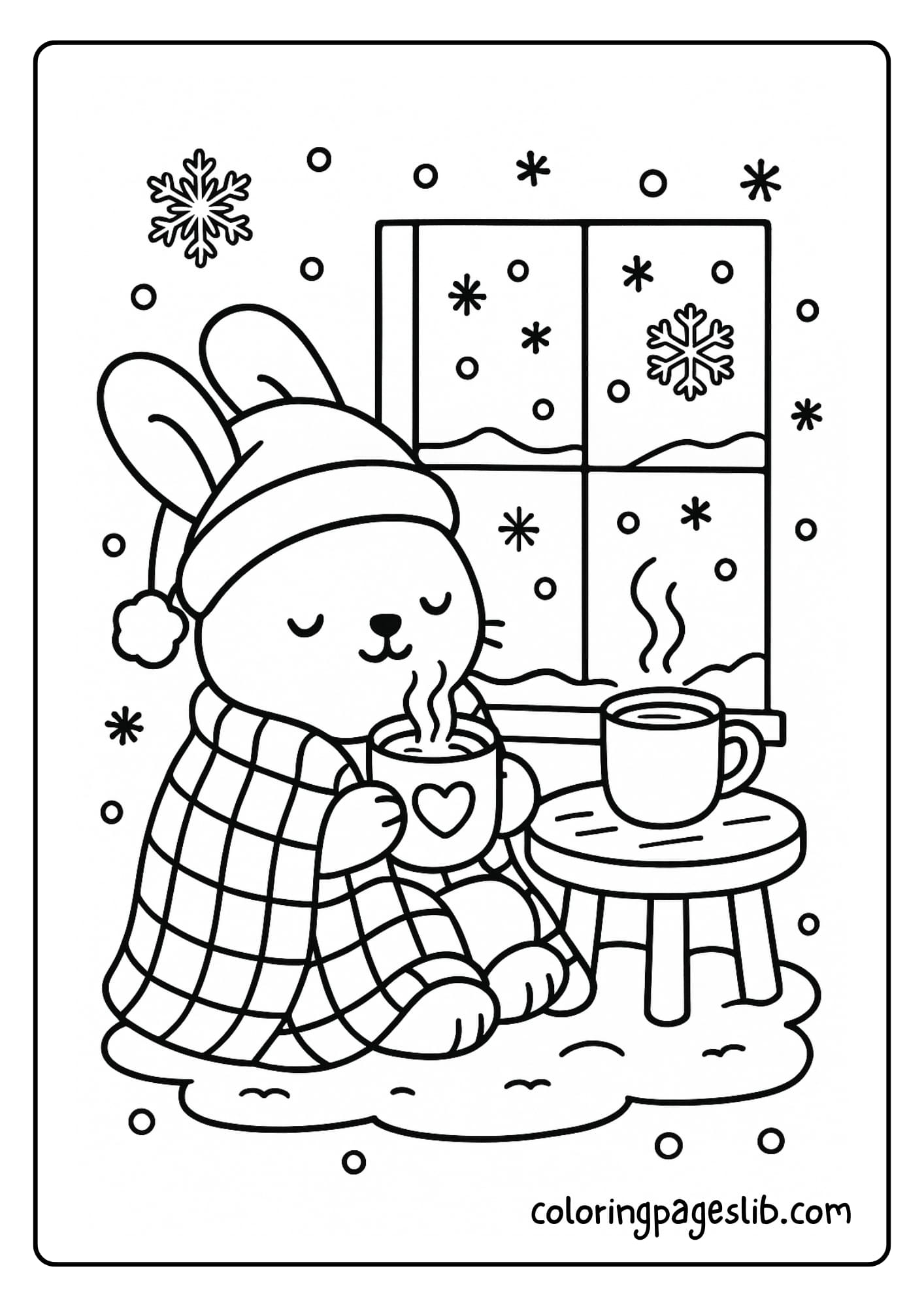 A bunny sipping cocoa by a frosty window