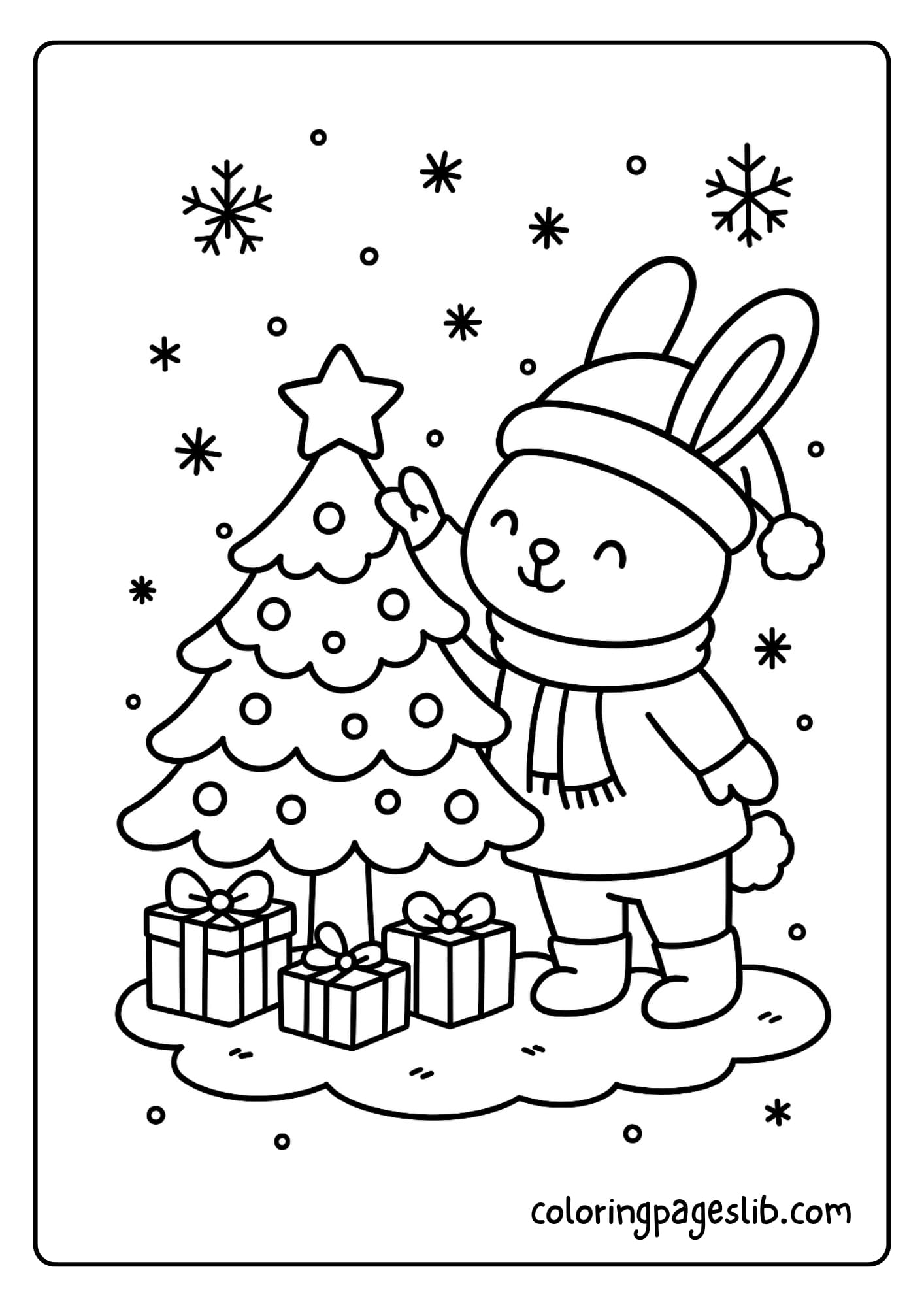A bunny wearing a Santa hat placing a star on a tiny Christmas tree