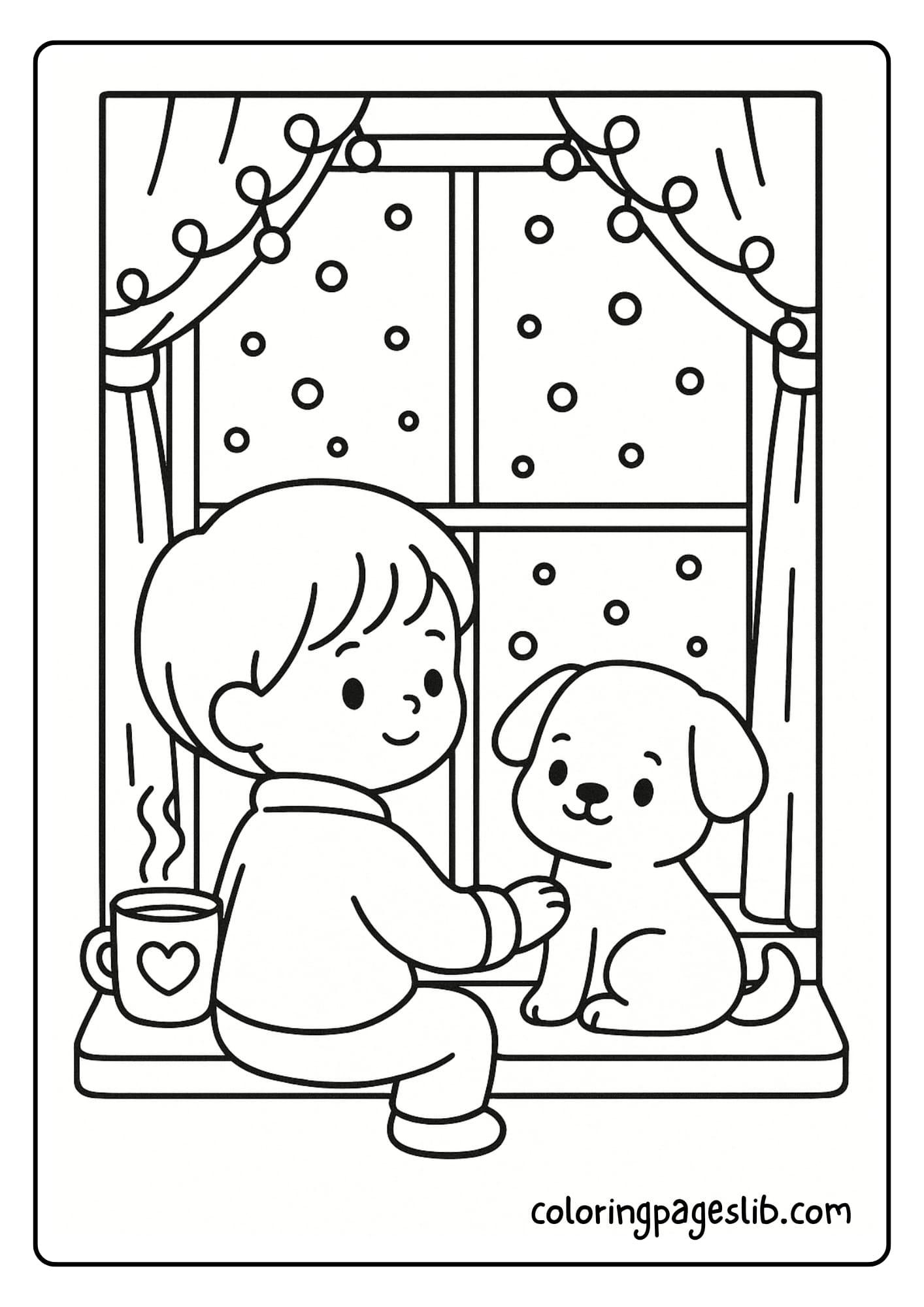 A child and their puppy staring out a window, with snow gently falling outside