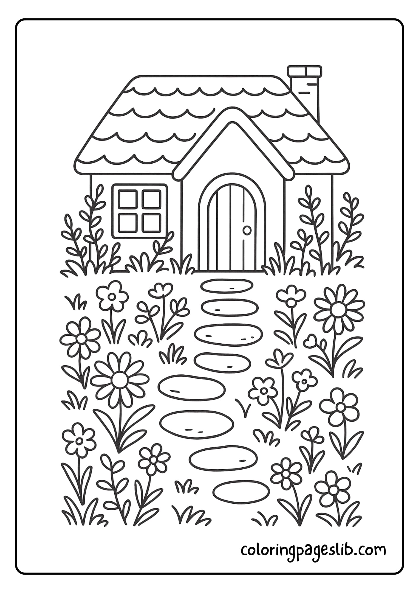 A cozy cottage garden with flowers growing between stepping stones