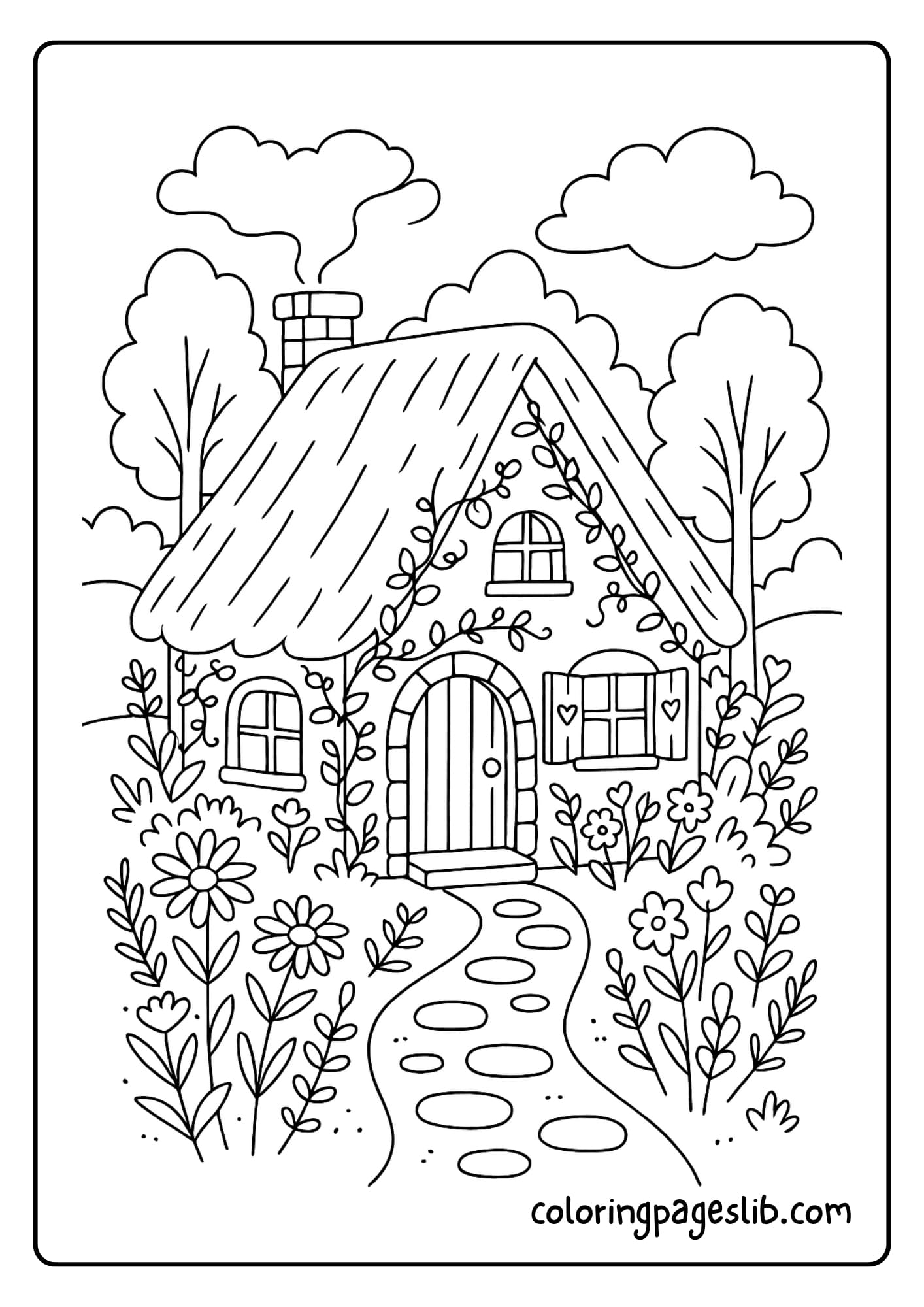 A cozy cottage in the woods with vines and wildflowers