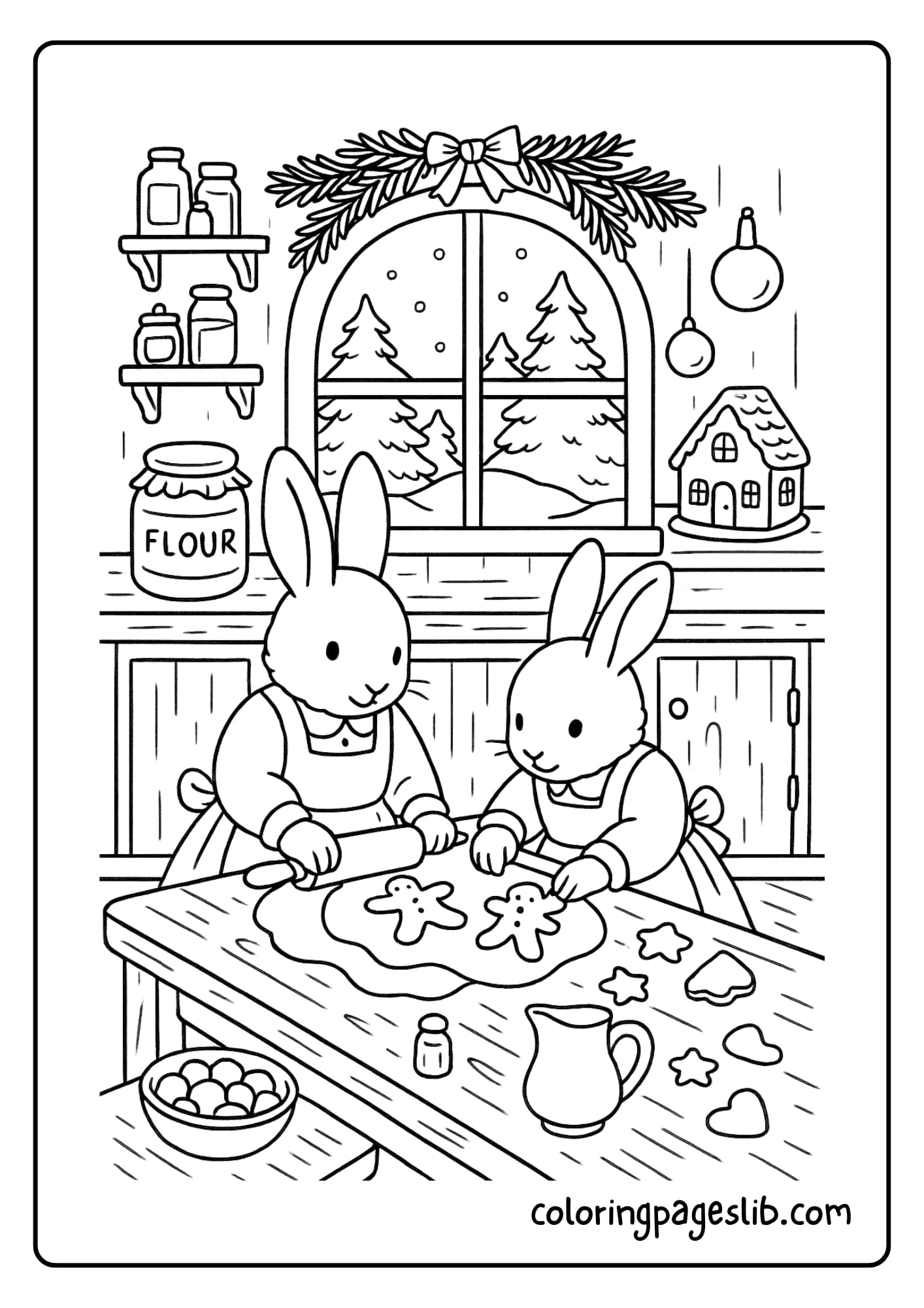 A cozy kitchen with gingerbread baking, where rabbits in aprons are rolling dough on a rustic wooden table