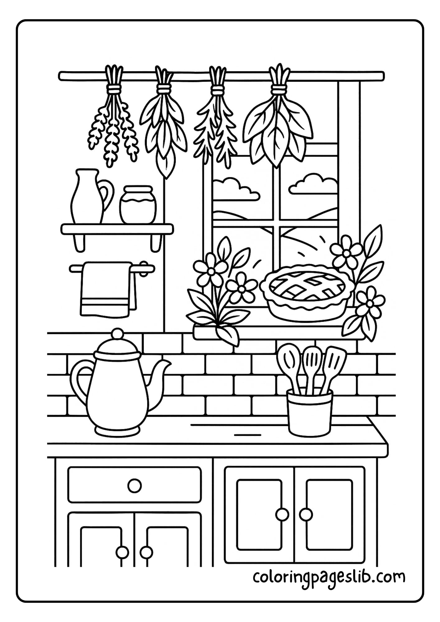 A cozy kitchen with hanging herbs and a pie cooling on the windowsill