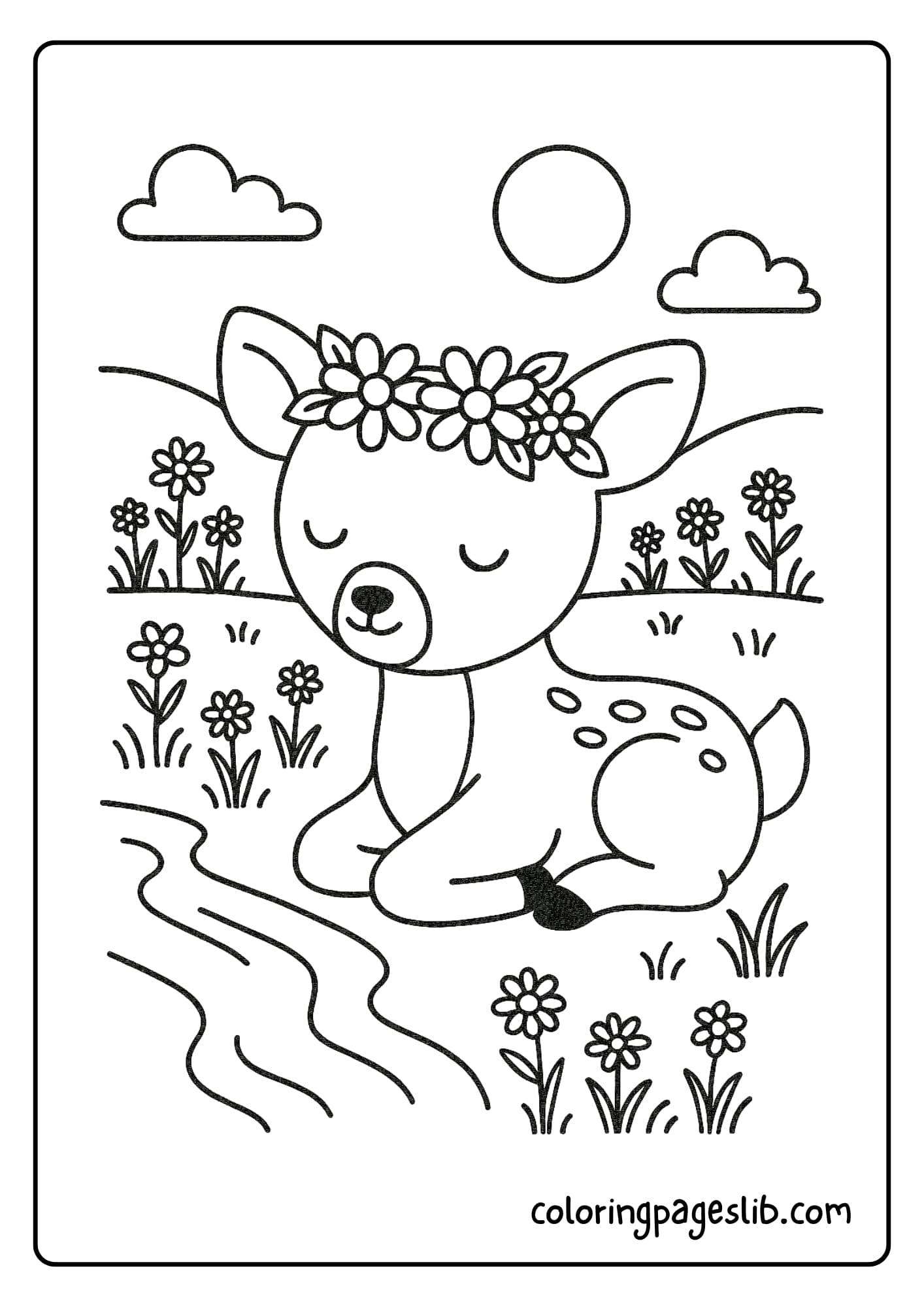 A deer wearing a flower crown, resting beside a gentle stream and meadow