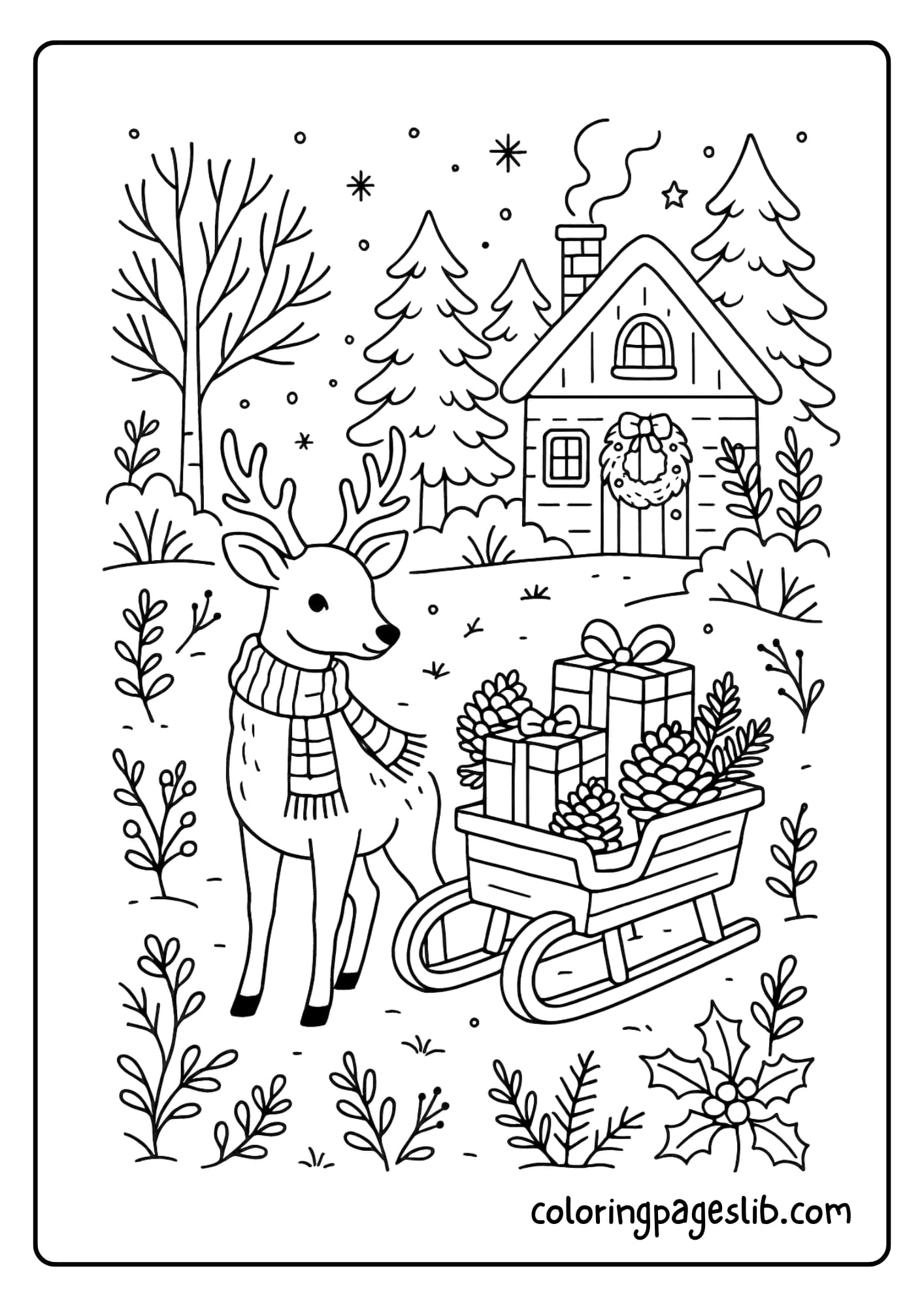 A deer wearing a handmade scarf standing beside a wooden sleigh filled with wrapped gifts and pinecones in a forest clearing