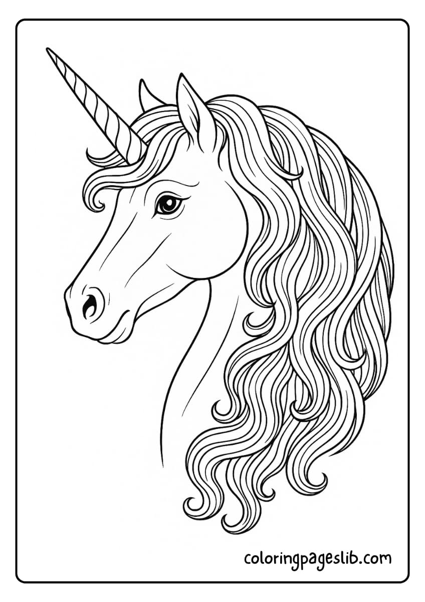 A detailed side profile of the unicorn’s head, showcasing the horn, eyes, and flowing mane