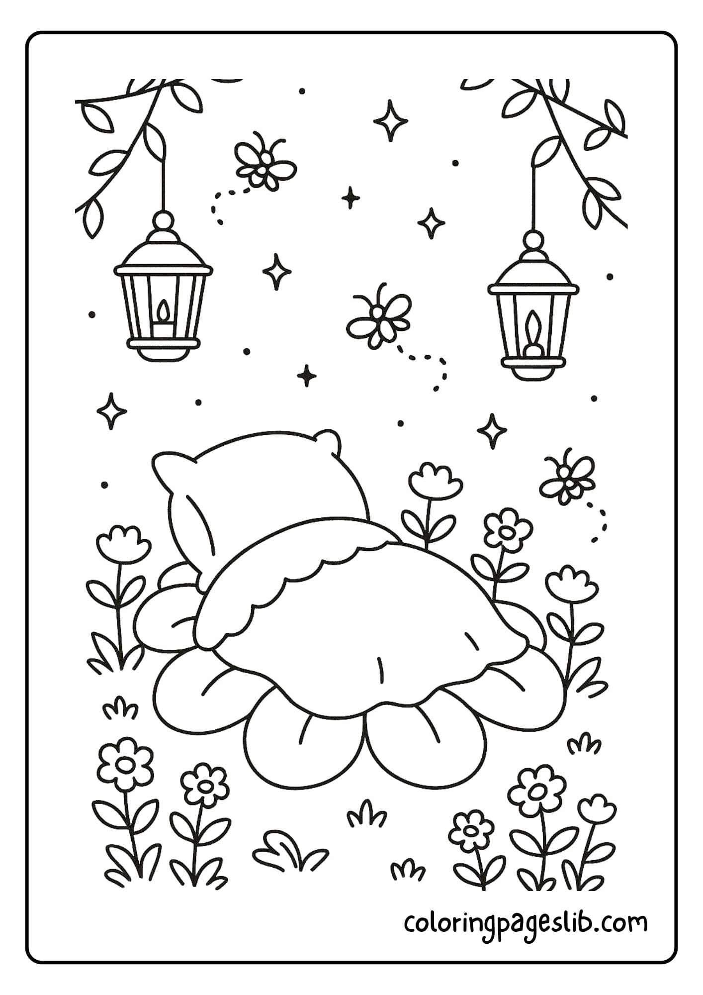 A dreamy flower petal bed under hanging lanterns and fireflies