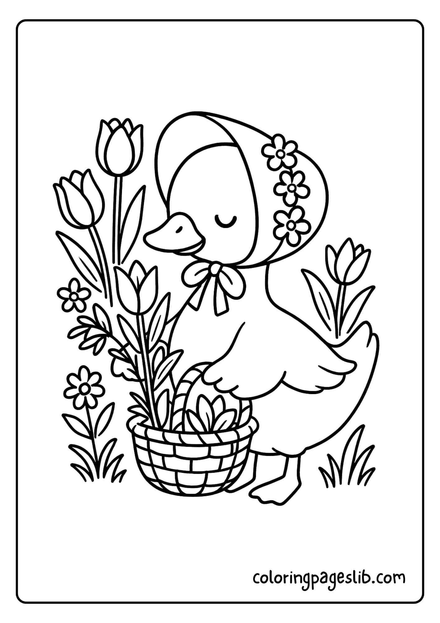 A duck wearing a floral bonnet, carrying a basket of tulips