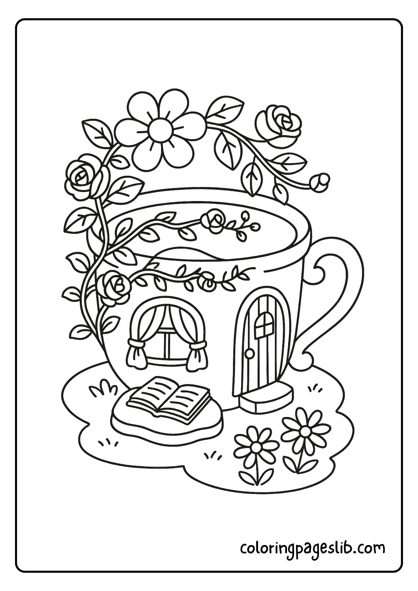 A flower fairy home inside a teacup, complete with curtains and a reading nook