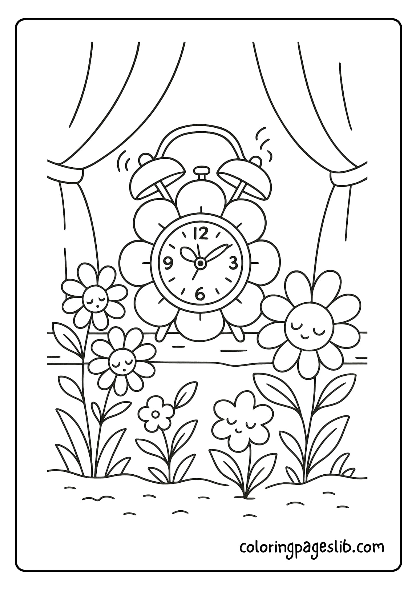 A flower-shaped alarm clock ringing softly in a room of sleepy blooms
