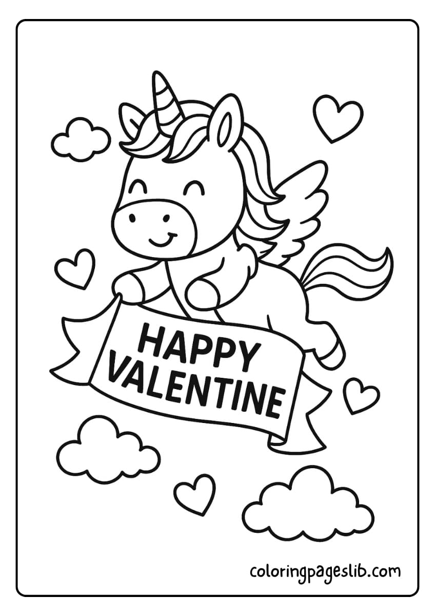 A flying unicorn with angel wings holds a banner in the sky that reads “Happy Valentine”