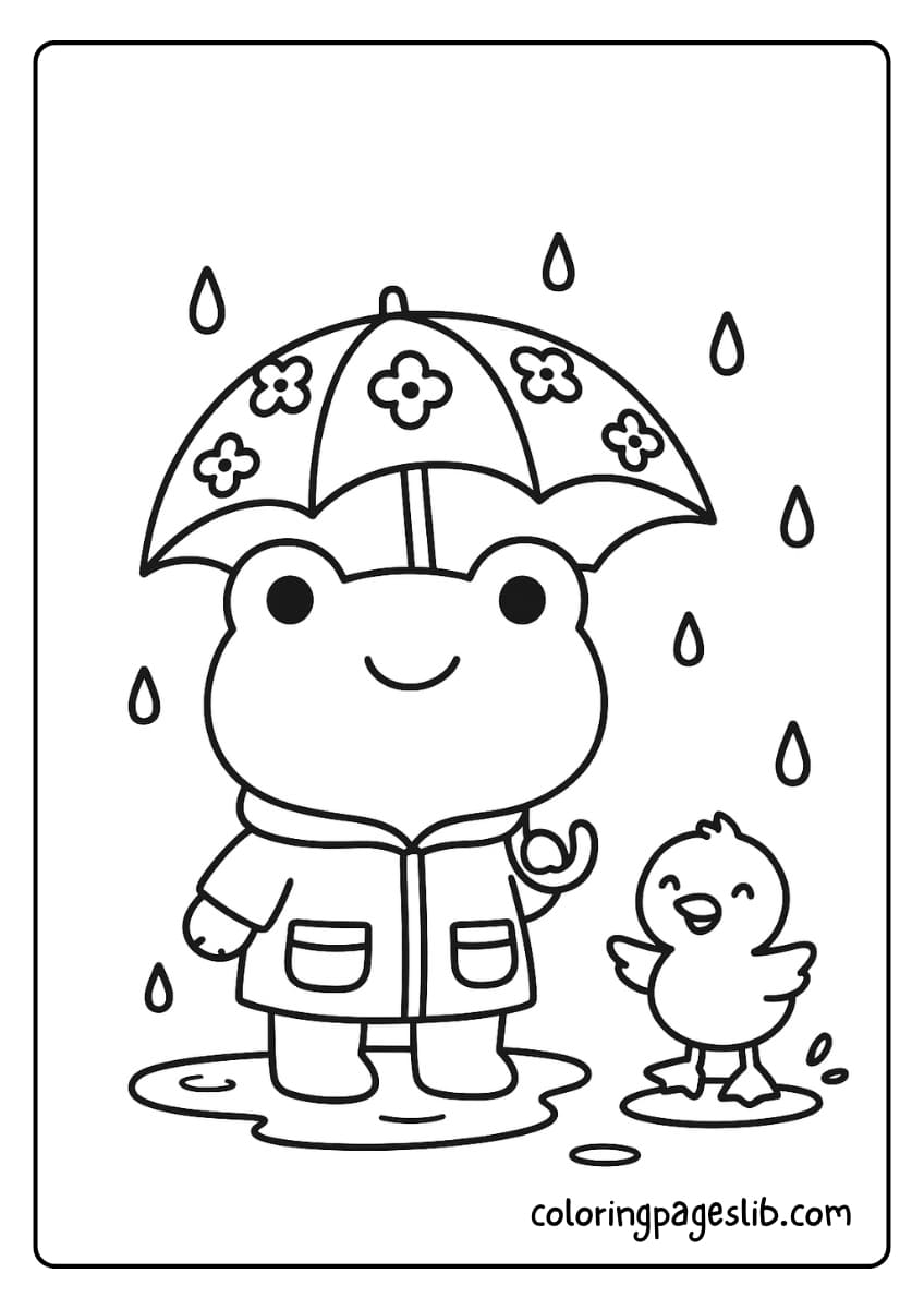 A friendly frog and a tiny duckling enjoy the rainy weather together