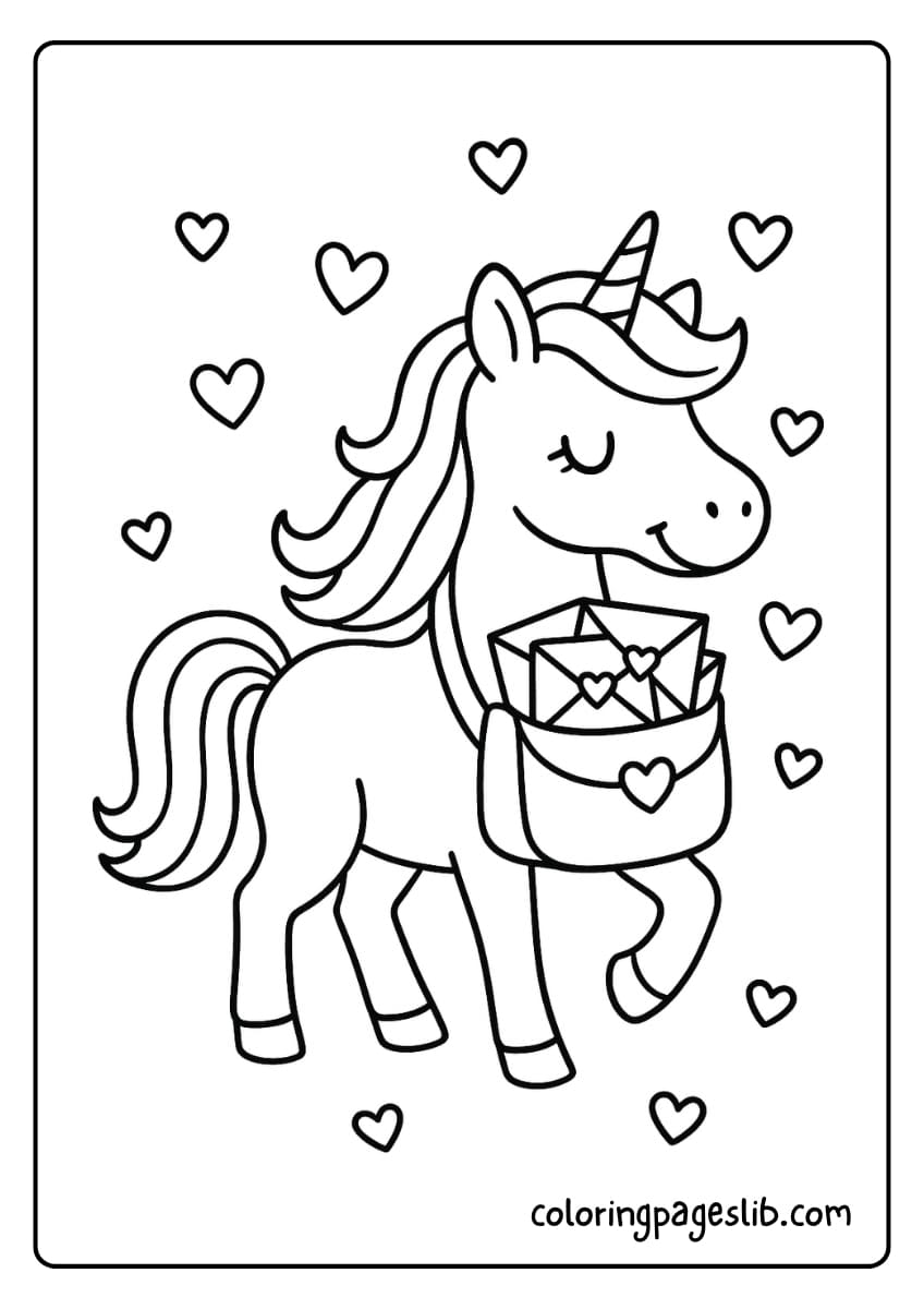 A graceful unicorn carries a mailbag filled with heart sealed Valentine letters, with tiny hearts floating around