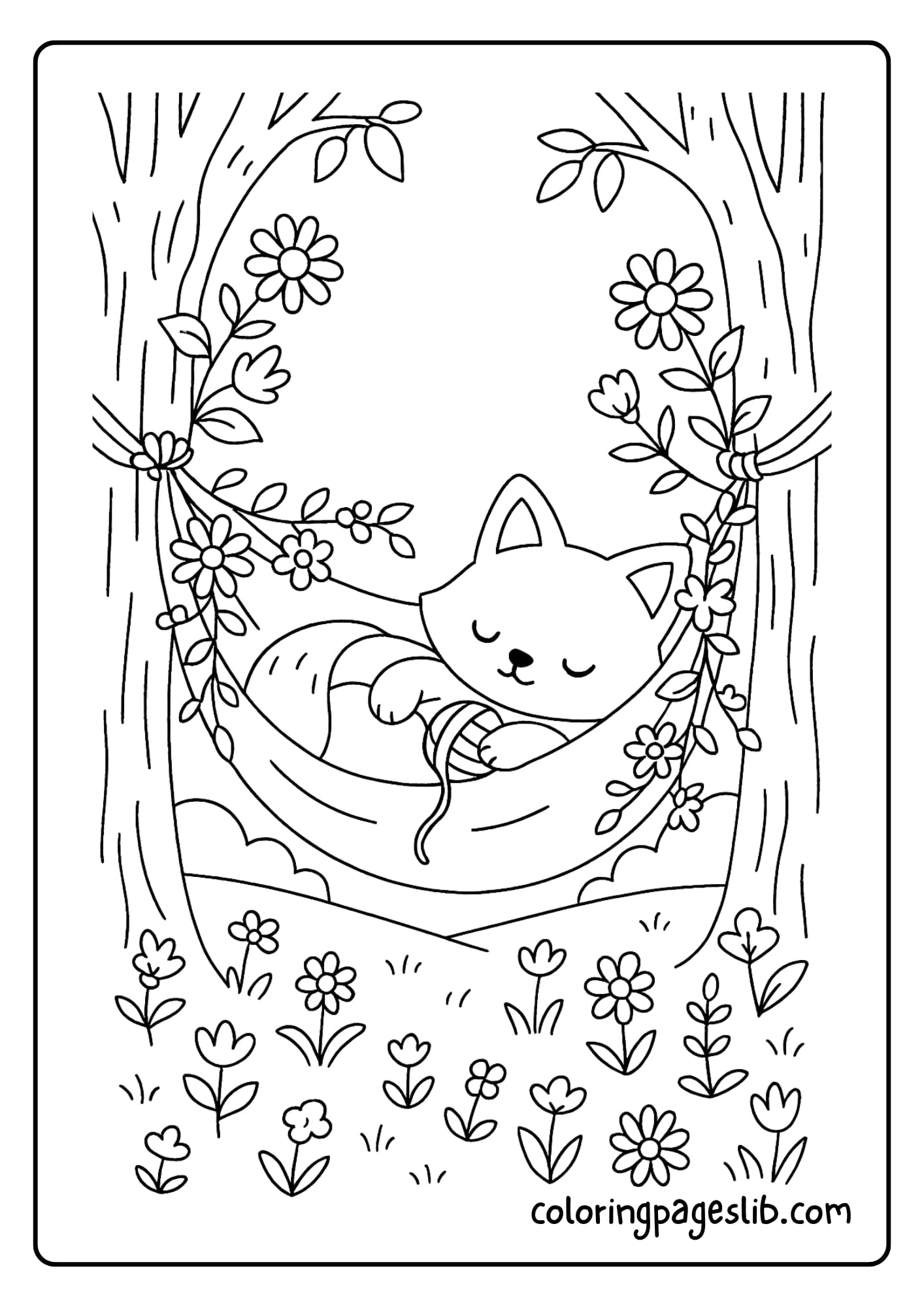A hammock strung between trees with flower vines and a resting fox