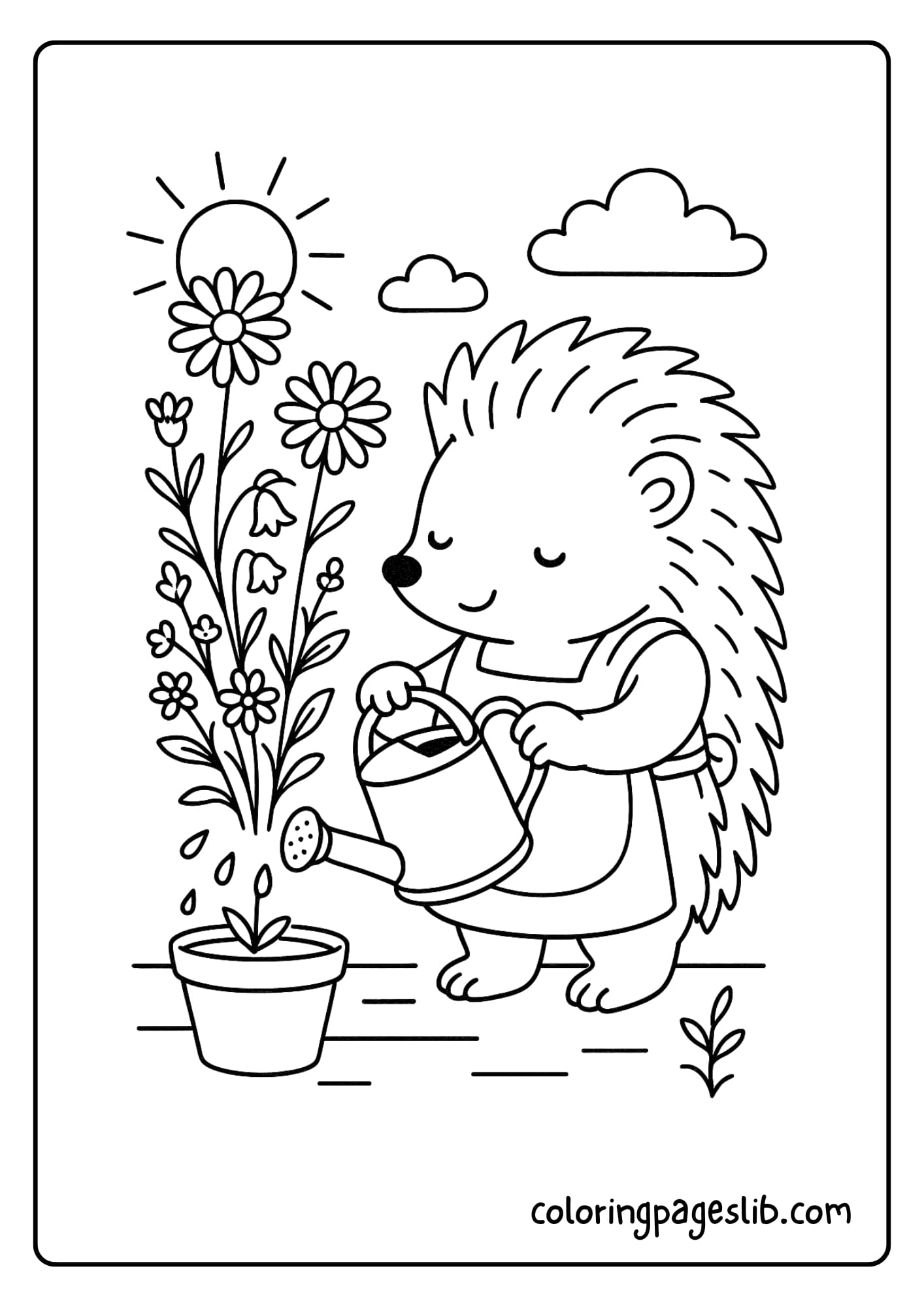 A hedgehog in an apron watering potted wildflowers in the early morning light