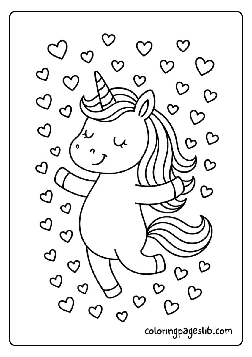 A joyful unicorn spins with heart confetti falling all around, its mane flowing like a ribbon