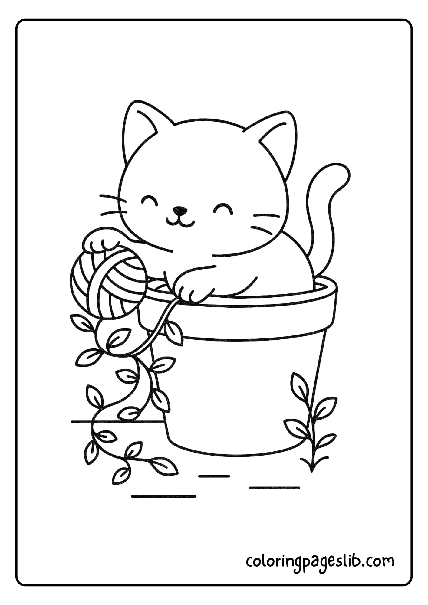 A kitten inside a flower pot, playing with a ball of yarn made of vines