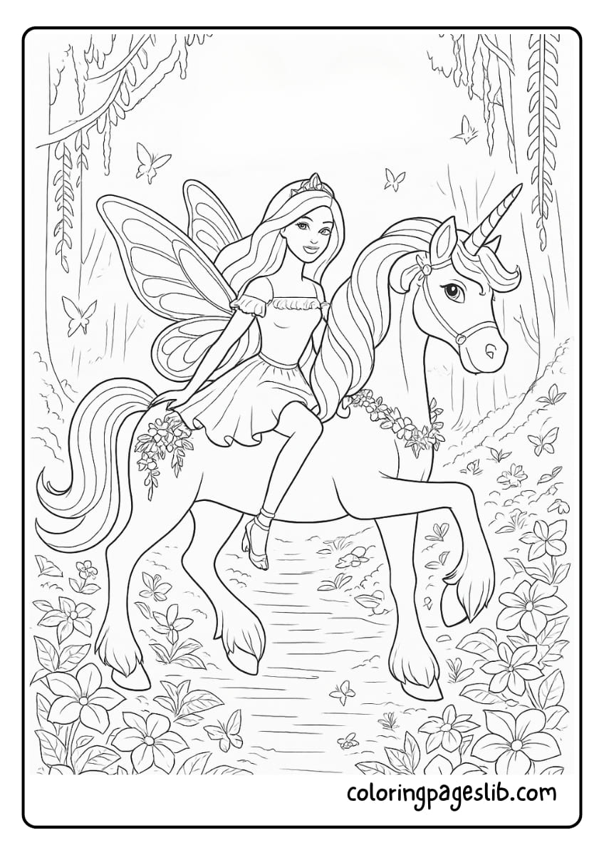 A magical coloring page of Barbie riding a unicorn through a flower filled forest