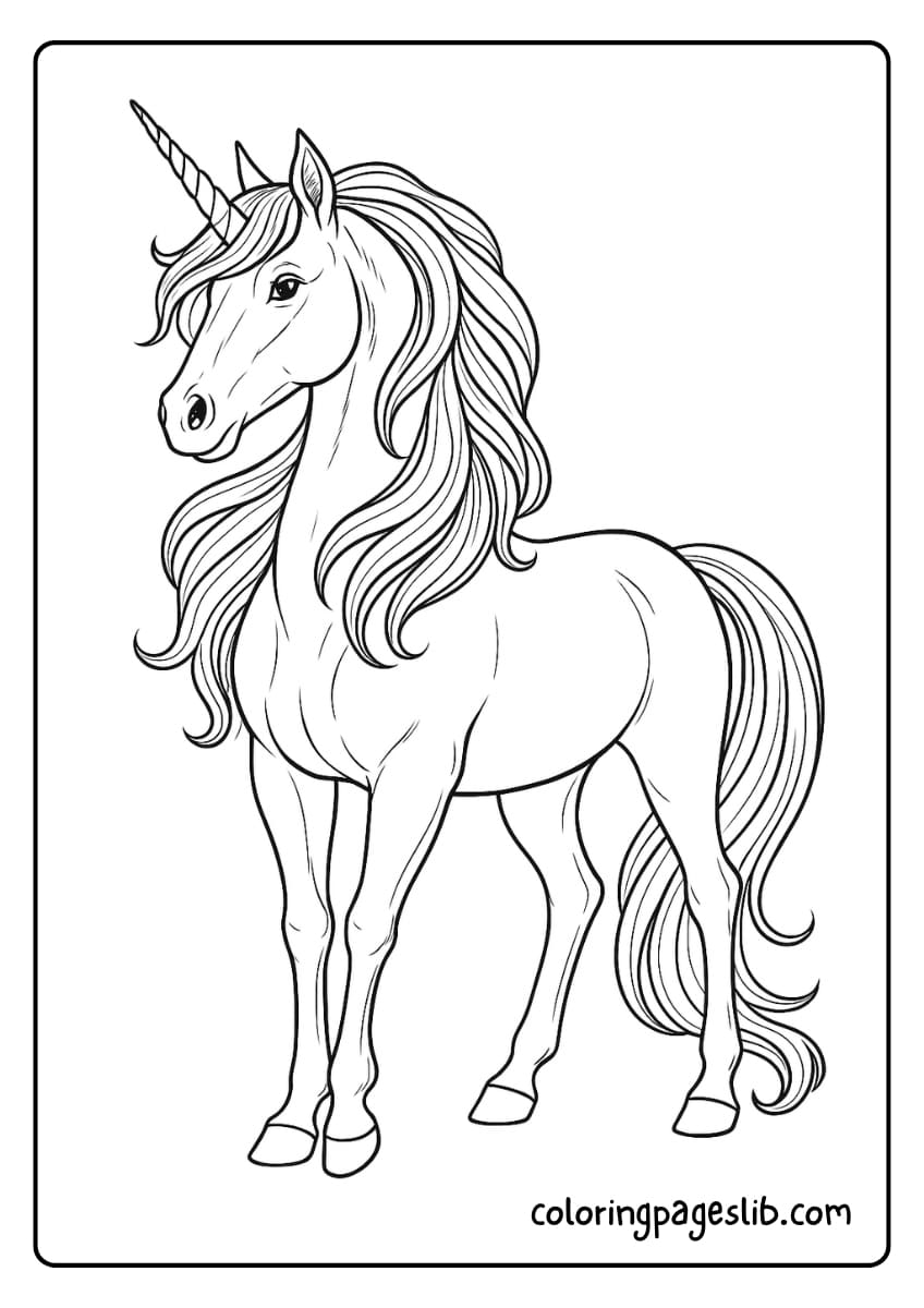A majestic realistic unicorn standing tall with its mane gently flowing, head slightly turned