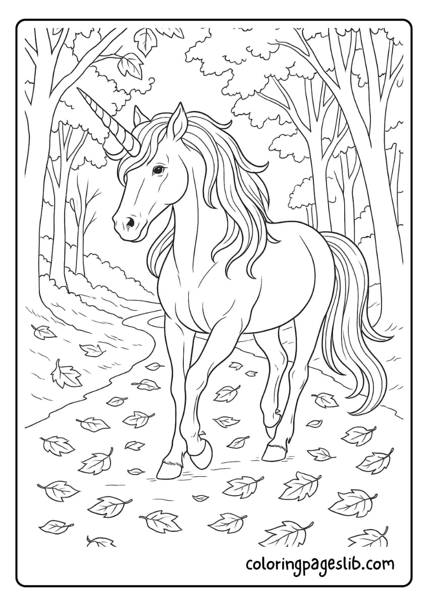 A majestic unicorn walking through a quiet forest path, surrounded by trees and fallen leaves