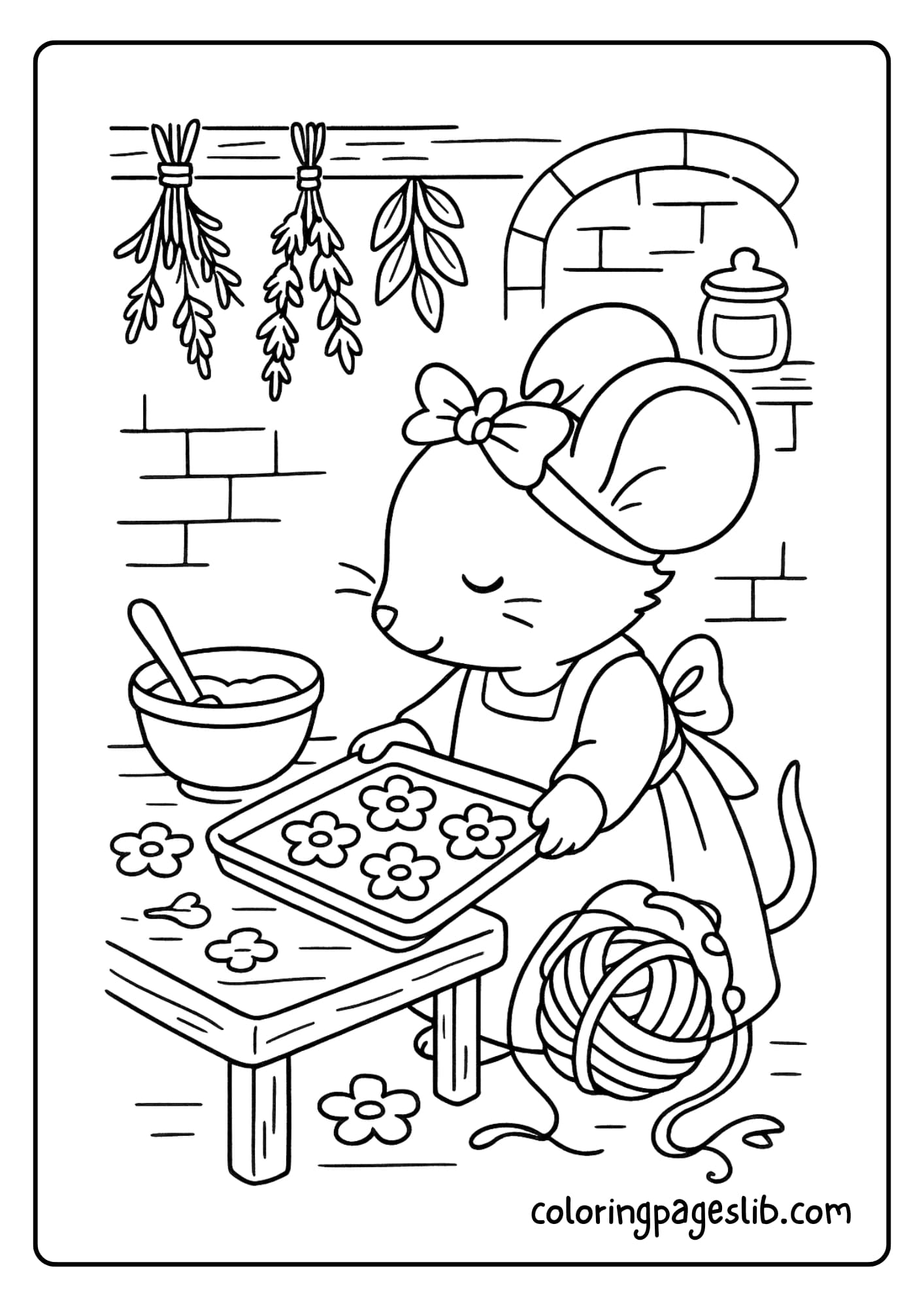 A mouse baking flower-shaped cookies in a rustic kitchen with dried herbs