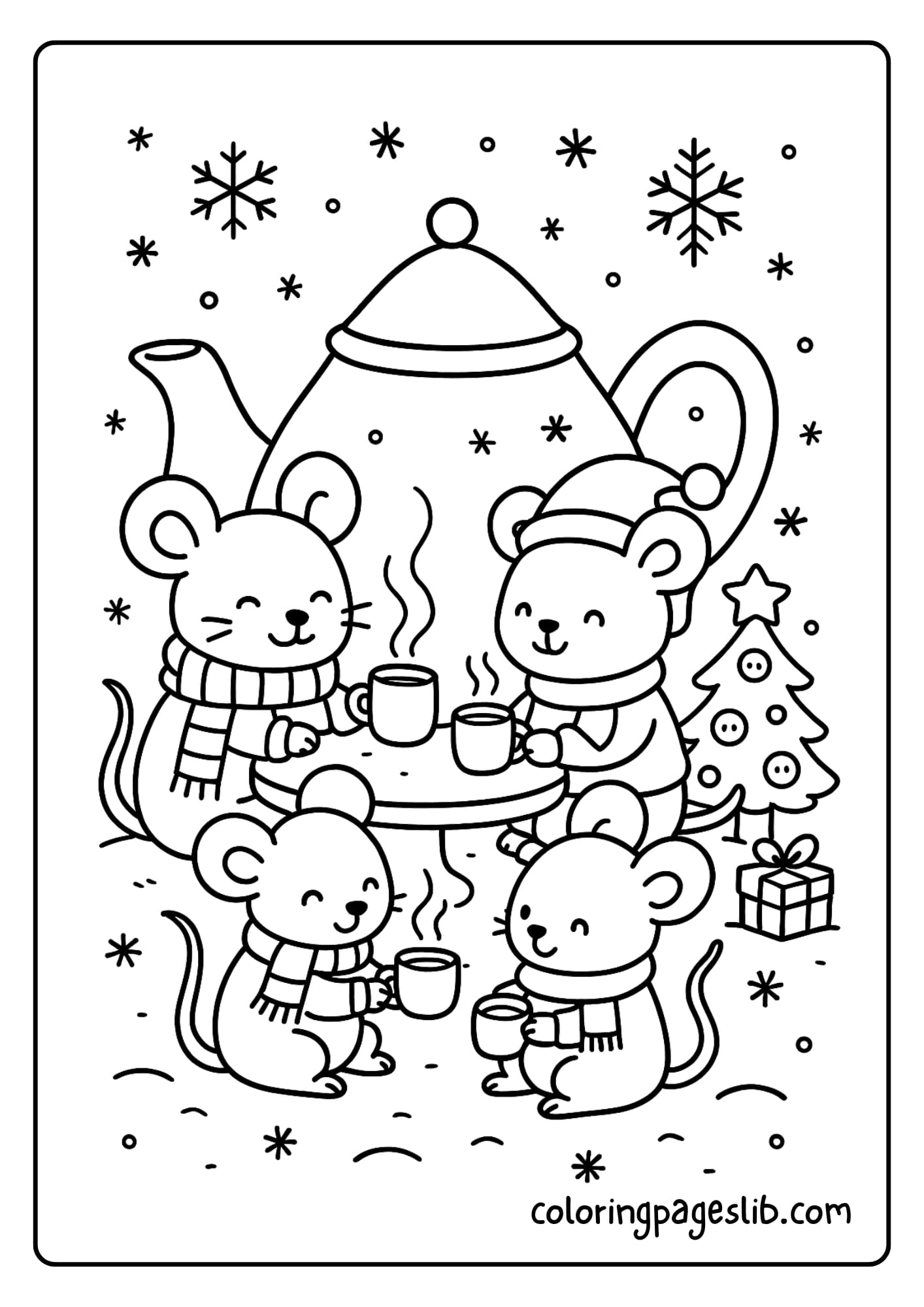 A mouse family drinking tea around a tiny tree