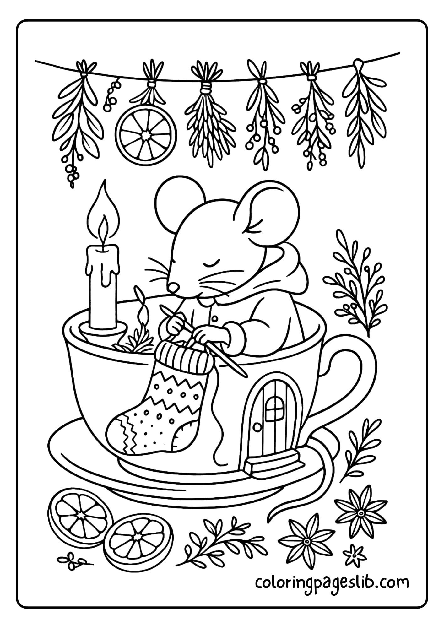 A mouse knitting a Christmas stocking by candlelight in a teacup house