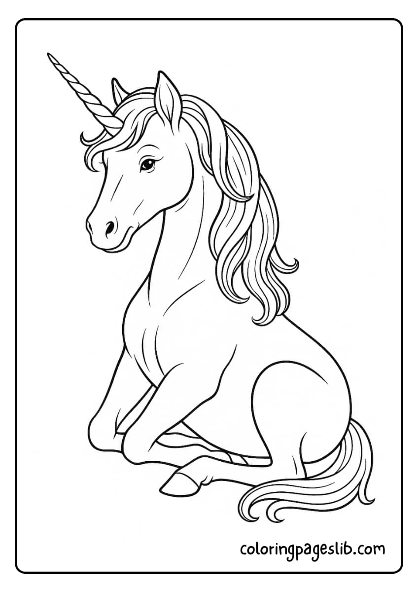 A realistic unicorn sitting calmly on the ground, front legs tucked in, with a peaceful expression