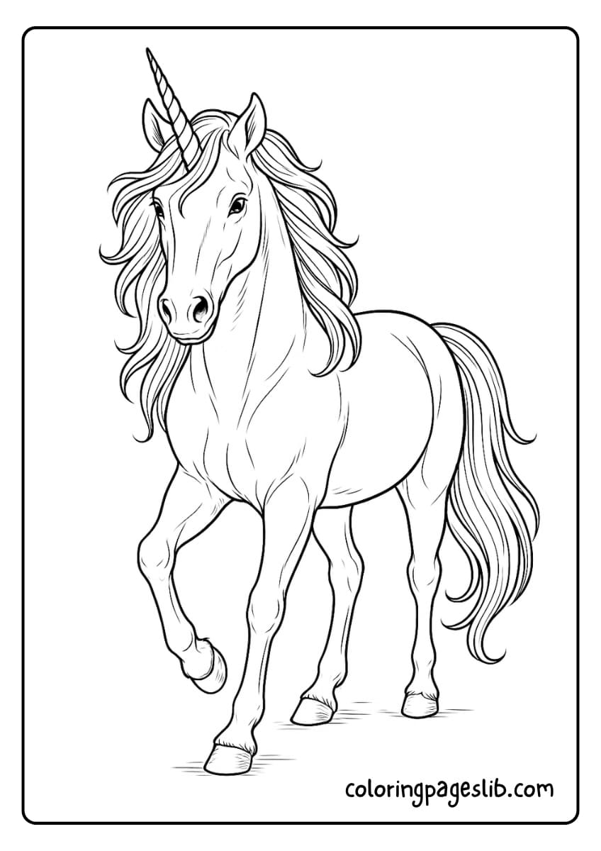 A realistic unicorn walking toward the viewer, one front hoof lifted, with natural movement