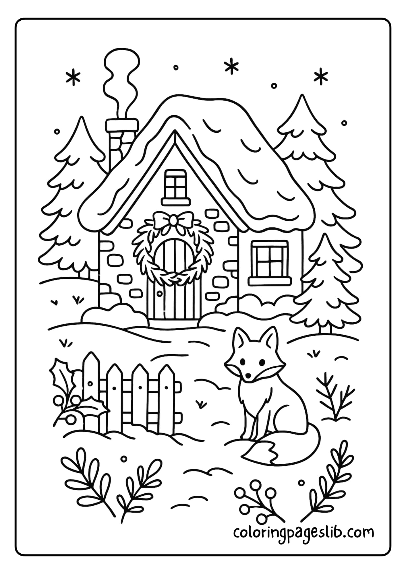 A rustic cottage covered in snow, with smoke curling from the chimney