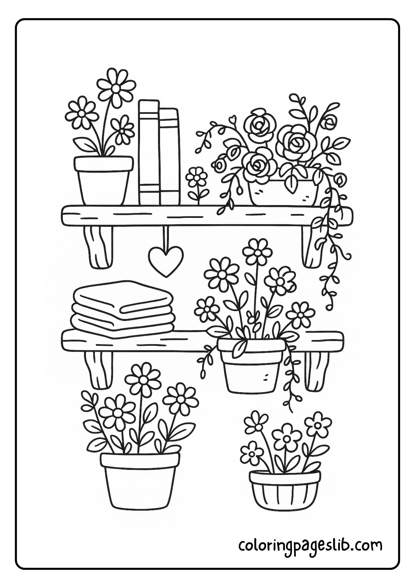 A rustic shelf lined with cozy flower pots, books, and folded cloth