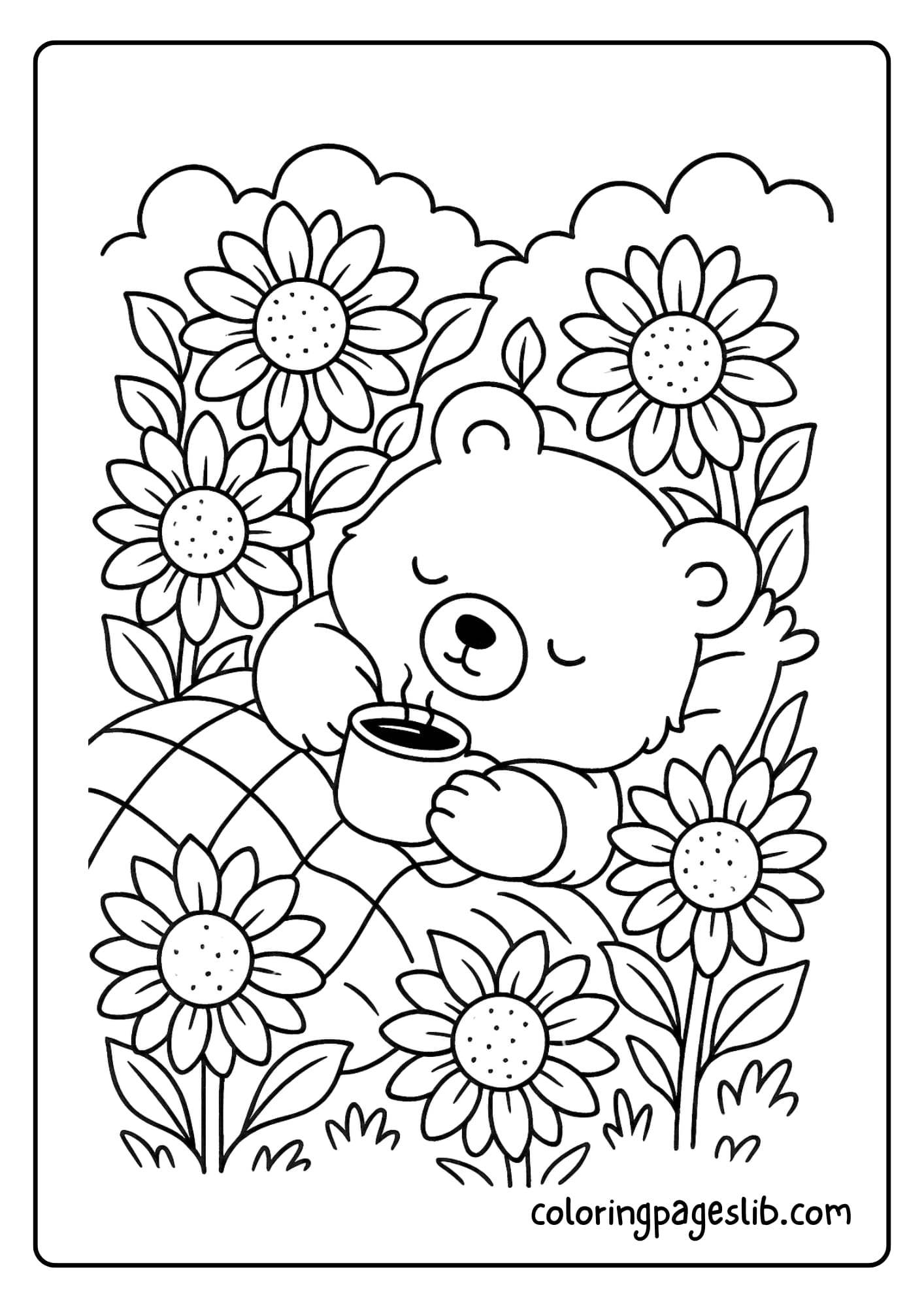 A sleepy bear napping in a bed of sunflowers, clutching a hot cocoa mug