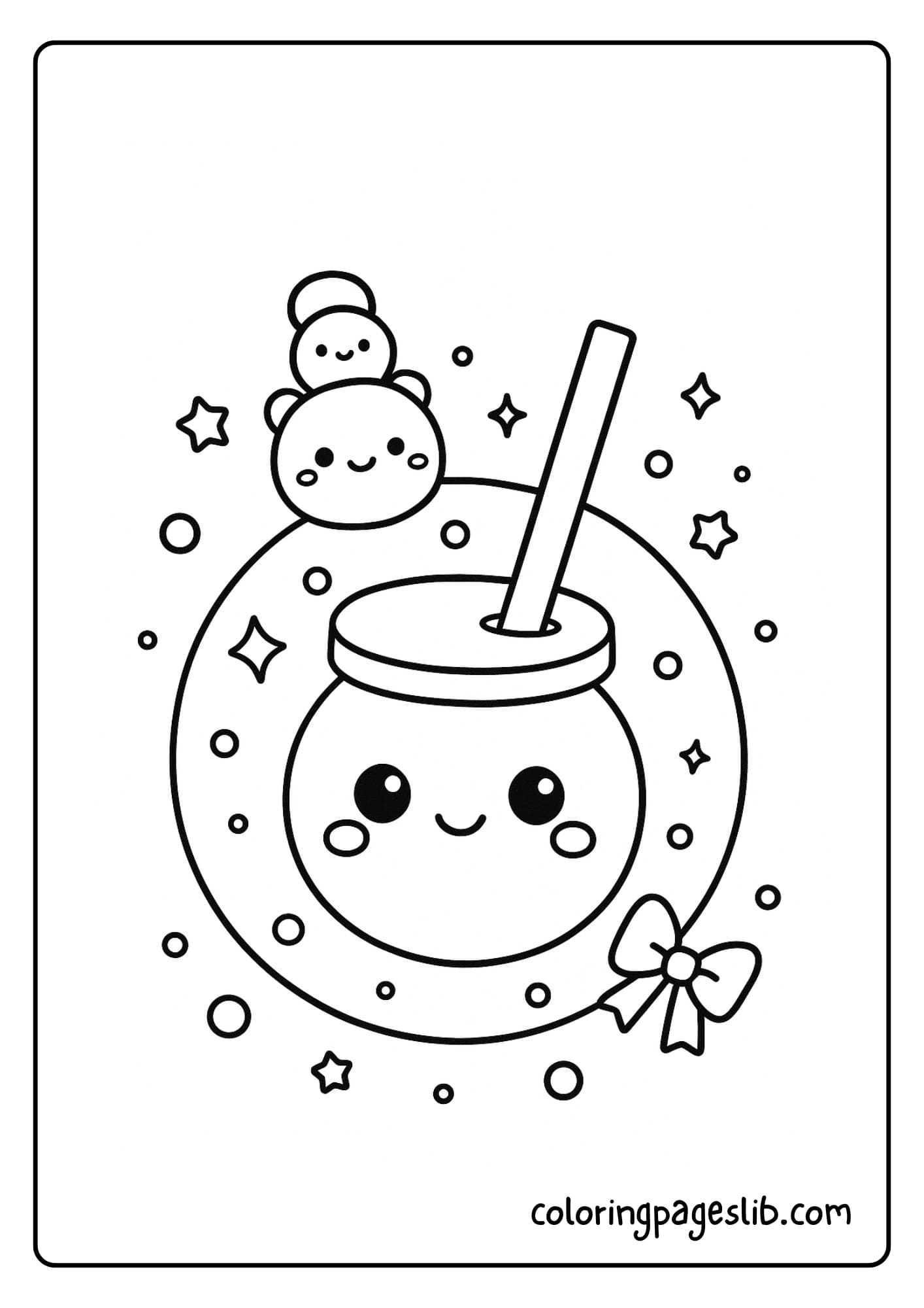 A sleepy bubble tea cup with closed eyes, resting on a soft cloud