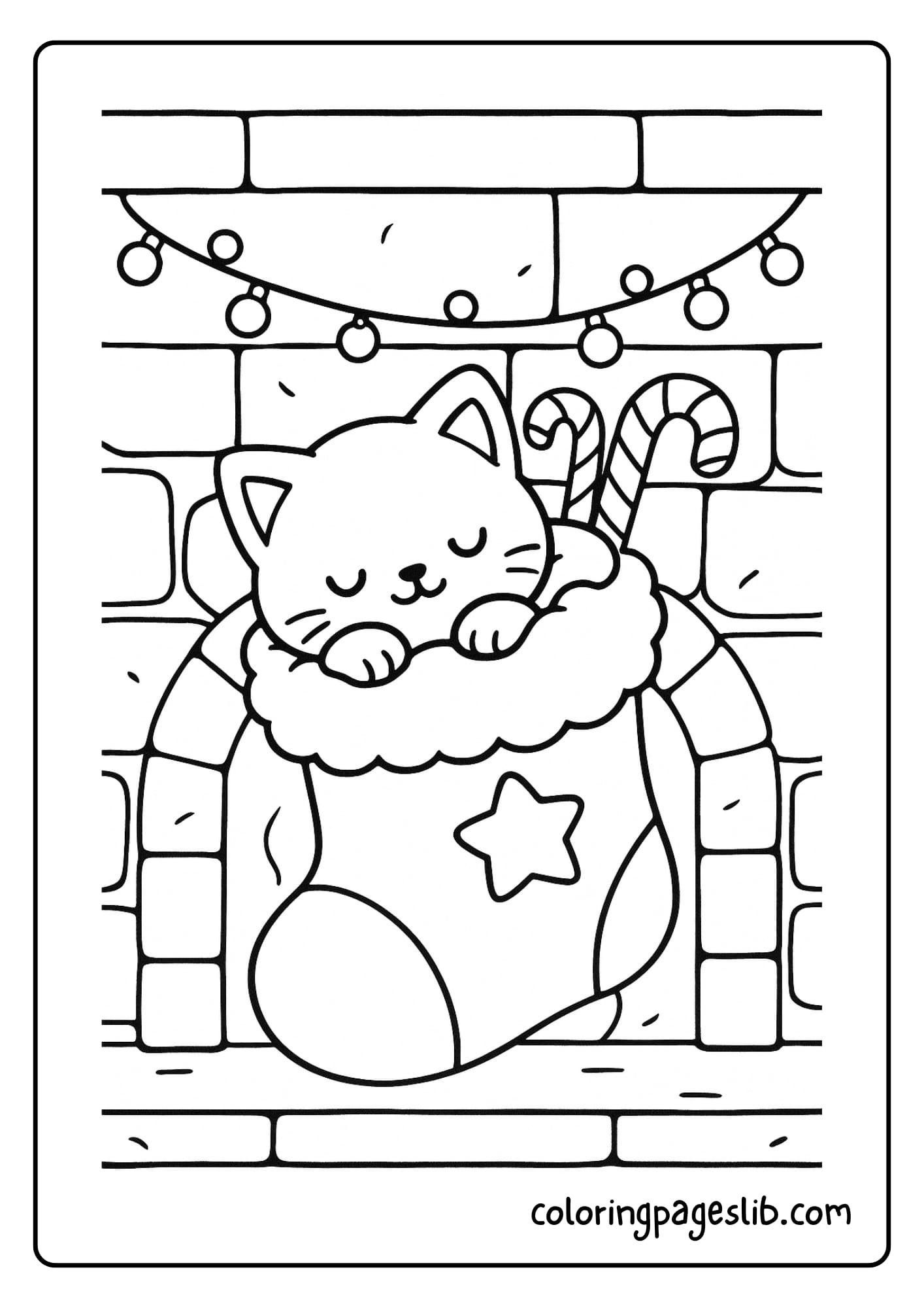 A sleepy kitten tucked inside a giant Christmas stocking hung on a stone mantel