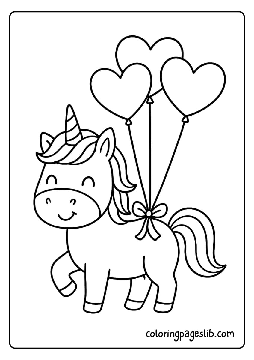 A smiling unicorn holds a bunch of floating heart shaped balloons tied to its tail