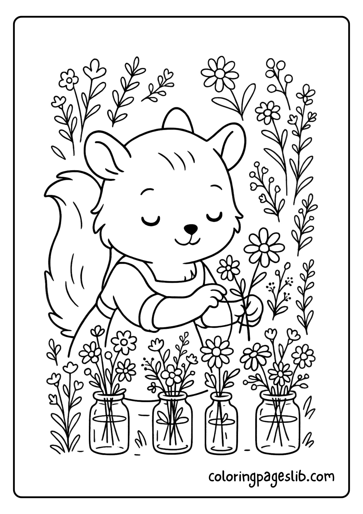 A squirrel arranging wildflowers in tiny glass jars