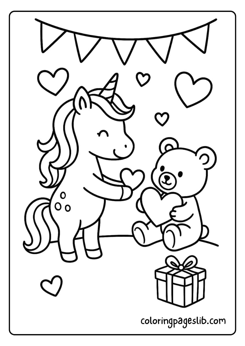 A sweet unicorn gives a teddy bear holding a heart to a friend in a cozy Valentine setting