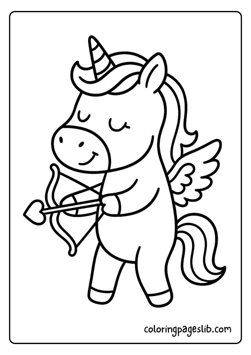 A unicorn dressed as Cupid with small wings, aiming a heart tipped arrow playfully
