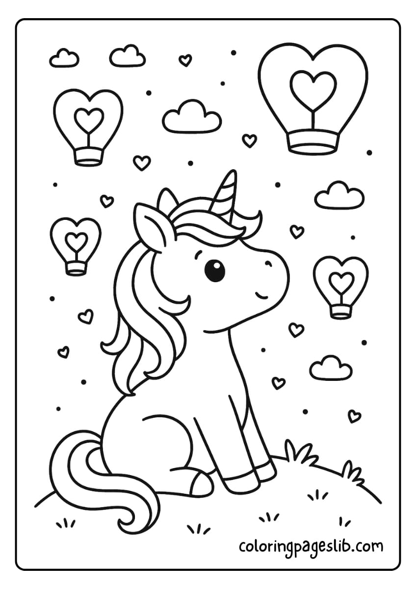 A unicorn gazes at heart shaped lanterns drifting into the sky, lighting up the night of love