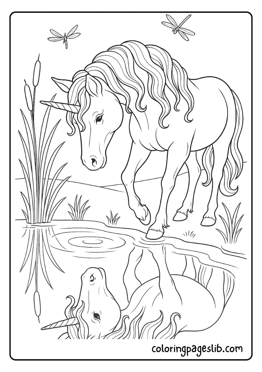 A unicorn gazes at its reflection in the still lake water with reeds and dragonflies nearby