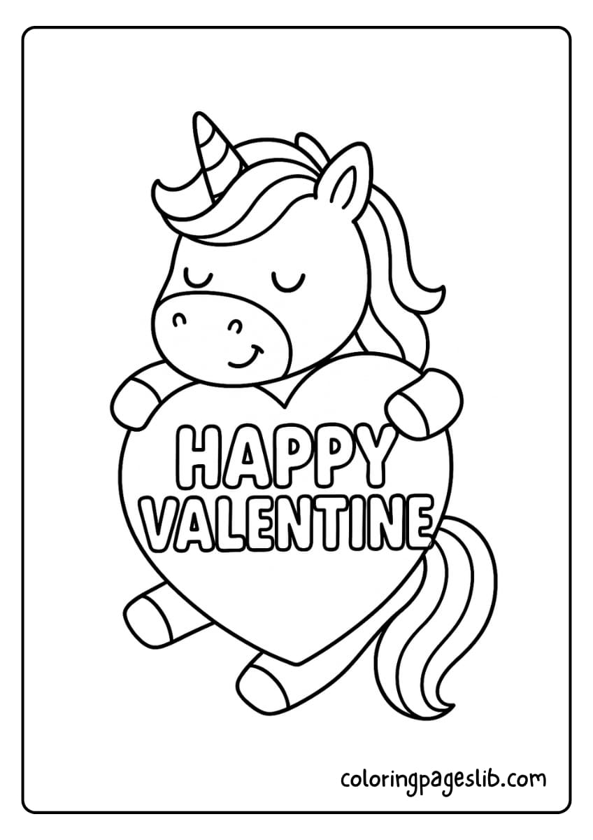 A unicorn hugs a huge heart with the words “Happy Valentine” in bubble letters across the front