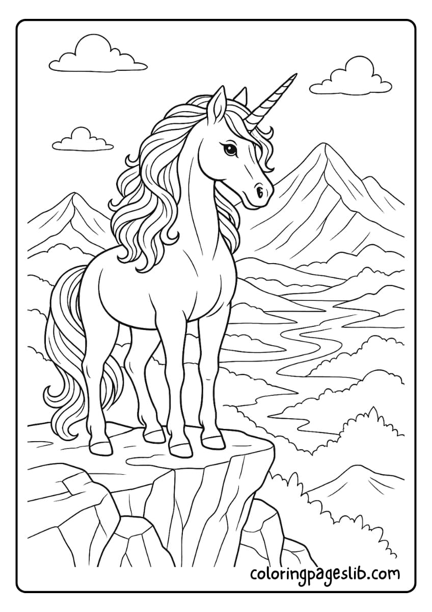 A unicorn on a rocky ledge overlooking a scenic valley with mountains in the background