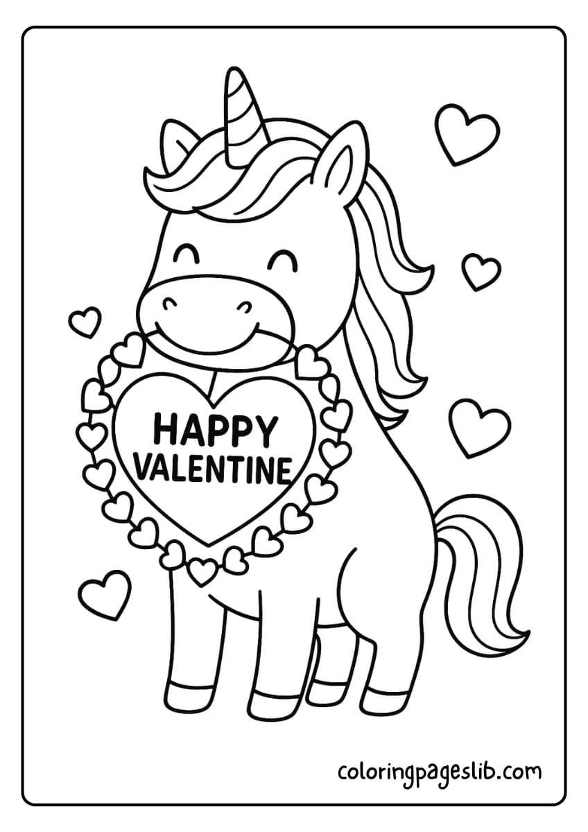 A unicorn proudly holds a heart shaped garland in its mouth with “Happy Valentine” written across it