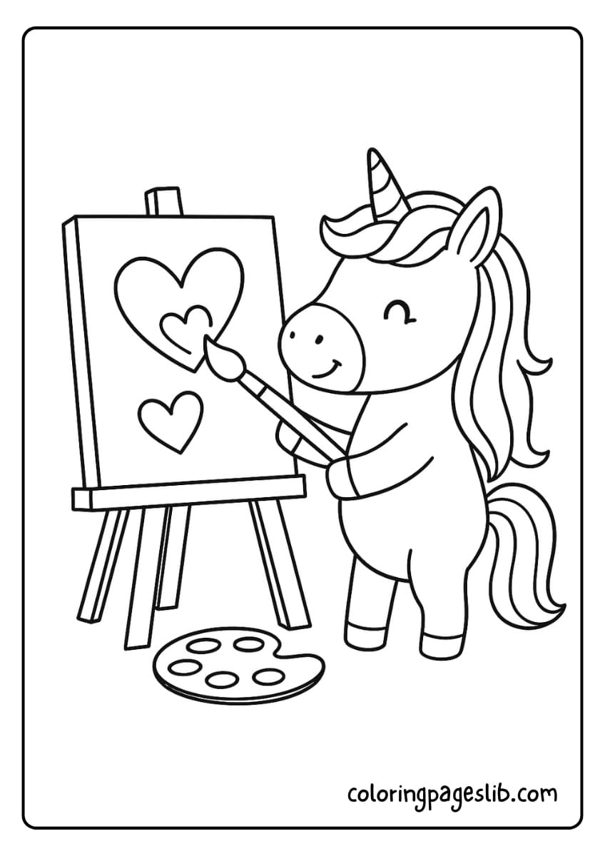 A unicorn with a brush in its mouth paints red hearts onto a big Valentine card on an easel