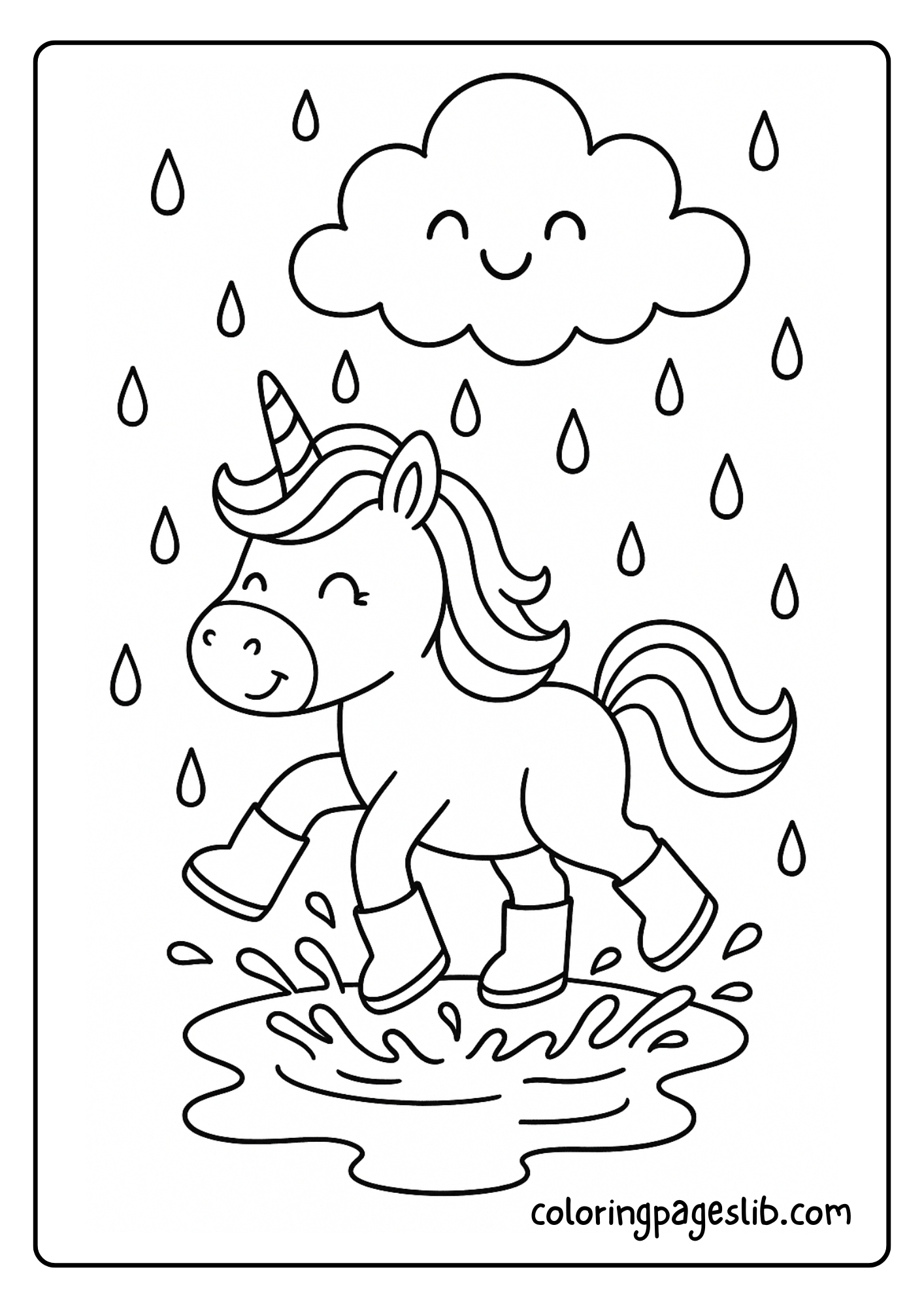 Adorable Cute Unicorn Coloring Pages – Unicorn Jumping in a Puddle