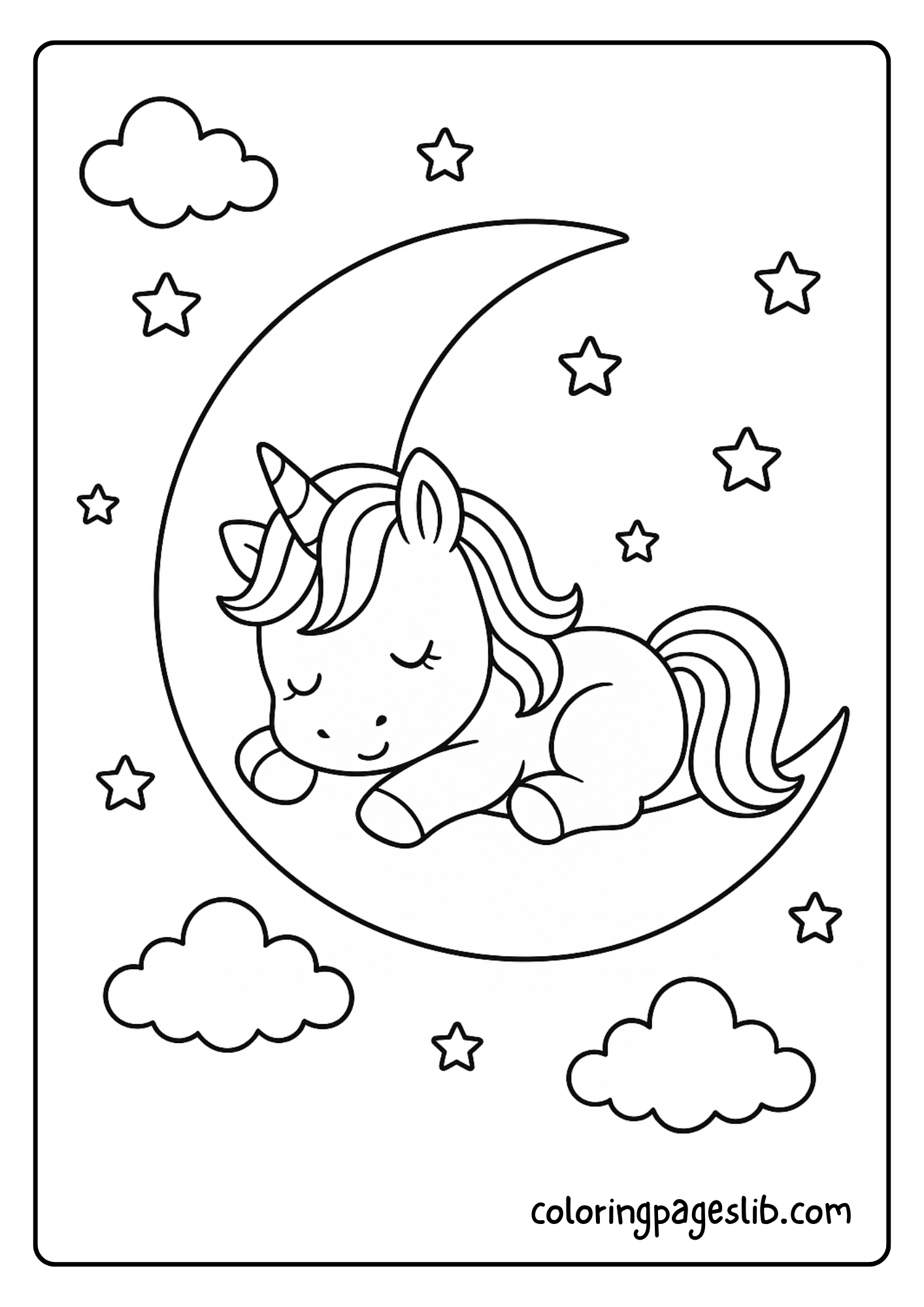 Adorable Cute Unicorn Coloring Pages – Unicorn Sleeping on a Crescent Moon
