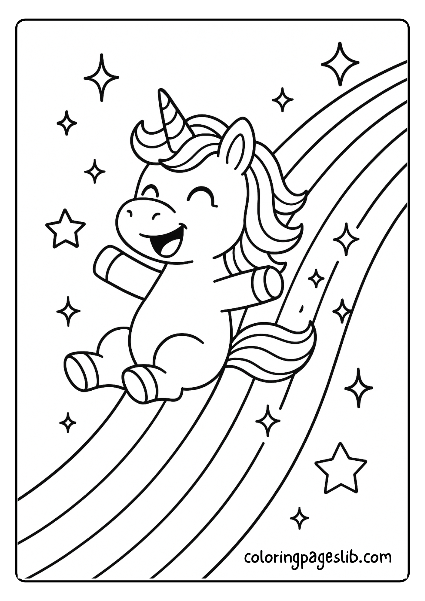 Adorable Cute Unicorn Coloring Pages – Unicorn Sliding Down a Rainbow