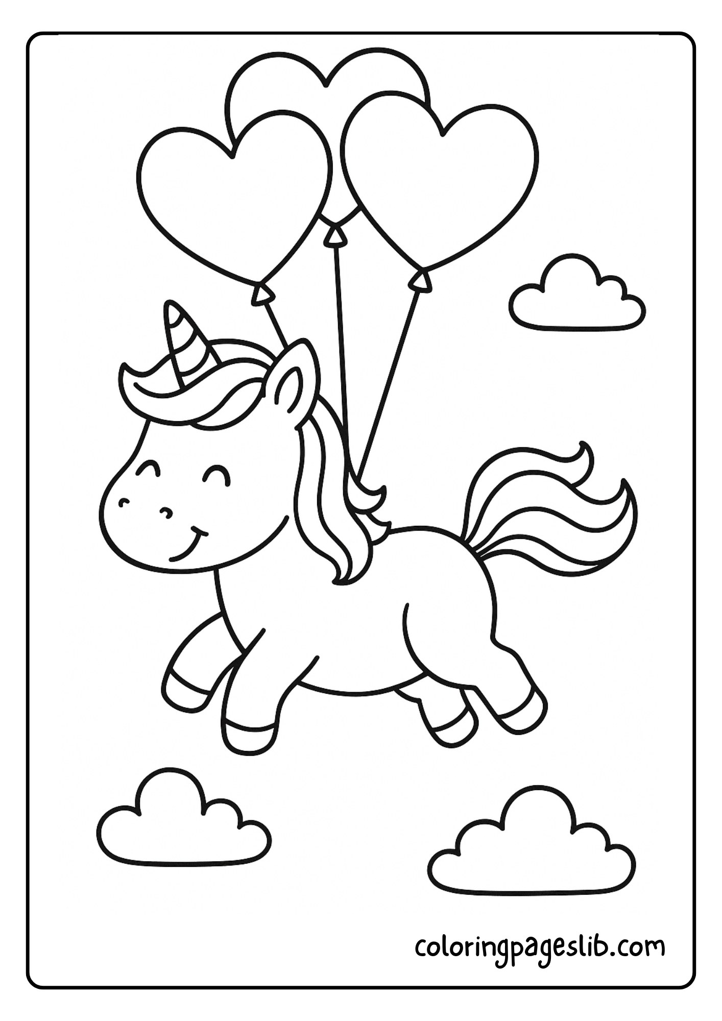 Adorable Cute Unicorn Coloring Pages – Unicorn with Heart Balloons